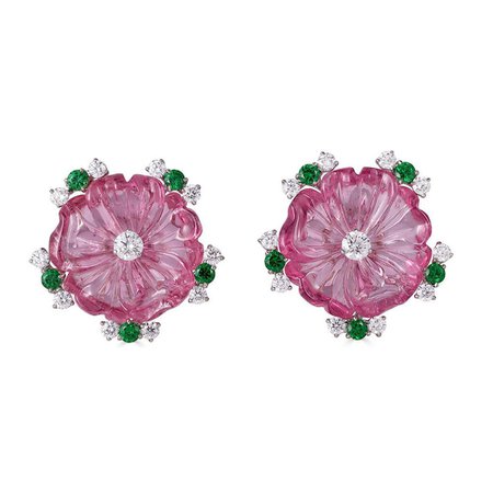 Raymond C. Yard Carved Pink Tourmaline, Tsavorite, & Diamond Flower Earrings | Betteridge