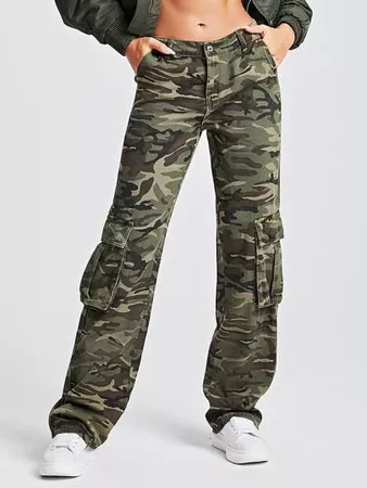 SHEIN PETITE Camo Print Flap Pocket Cargo Jeans | SHEIN USA