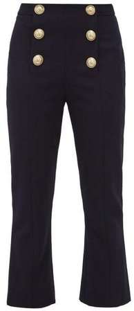 Buttoned Kick Flare Wool Twill Trousers - Womens - Navy