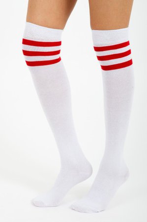 Ryder Red Stripe Knee High Socks In White | Shelikes