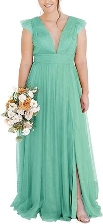 Amazon.com: Tulle Bridesmaid Dresses Maxi Long Double Deep V-Neck Party Gowns A-Line Formal Dresses for Wedding Guest : Clothing, Shoes & Jewelry