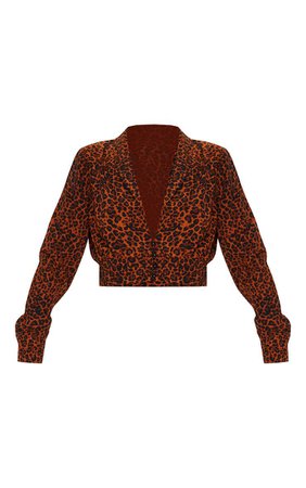 Brown Leopard Print Woven Ruched Hem Button Crop Shirt | PrettyLittleThing USA