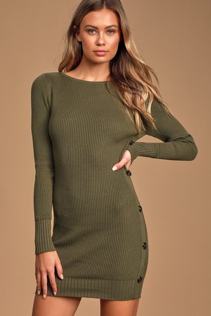 Cute Green Dress - Olive Green Sweater Dress - Side-Button Dress - Lulus