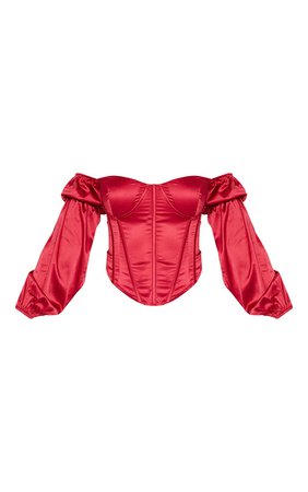 Scarlet Satin Bardot Balloon Sleeve Corset Top | PrettyLittleThing USA