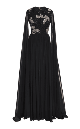 ELIE SAAB Embellished Bodice Gown With Cape Sleeves In Black