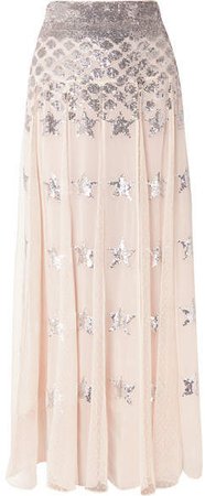 Starlet Sequin-embellished Pleated Chiffon And Point D’esprit Maxi Skirt - Pink