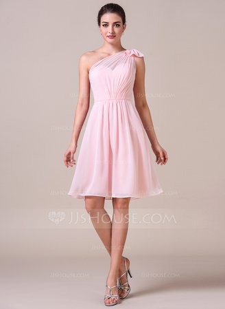 A-Line/Princess One-Shoulder Knee-Length Chiffon Bridesmaid Dress With Ruffle Bow(s) (007058233) - JJ's House