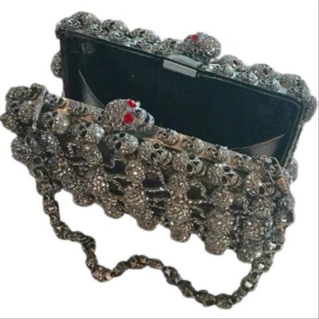 *clipped by @luci-her* Butler & Wilson Skull (Displayed Only) Gunmetal Red Metal Crystal Clutch - Tradesy