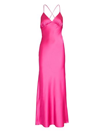 JUST BEE QUEEN Savannah Tie-Back Satin Maxi Dress in pink | INTERMIX®