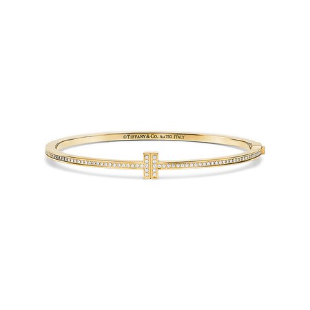 Tiffany T Two hinged bangle in 18k gold with diamonds, medium. | Tiffany & Co.