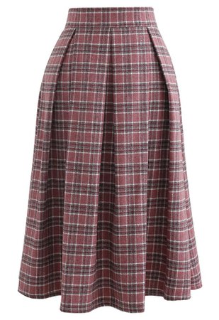 Wool-Blend Pleated Plaid Skirt in Berry - Retro, Indie and Unique Fashion
