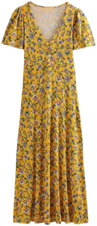 V-Neck Jersey Midi Dress - Mustard Seed, Meadow Fall | Boden US