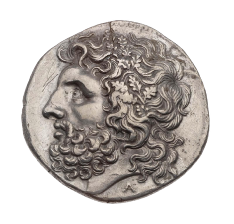 Tetradrachm of Lokroi Epizephyriori with head of Zeus, struck under Pyrrhos of Epiros.
