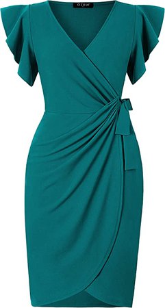 Amazon.com: oten Womens Deep V Neck Ruffle Sleeve Sheath Casual Cocktail Party Work Faux Wrap Dress Rust Red Small : Clothing, Shoes & Jewelry