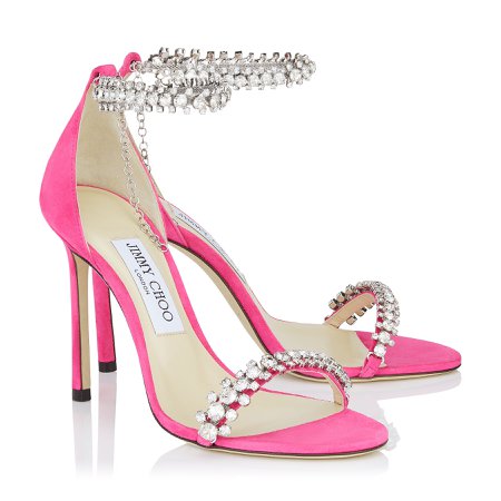 Hot Pink Suede Open Toe Sandal with Jewel Trim | SHILOH 100| Pre Fall 19 | JIMMY CHOO