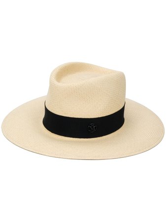 Shop blue Maison Michel straw logo plaque hat with Express Delivery - Farfetch