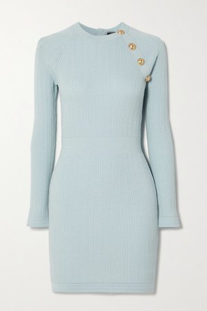 Blue Button-embellished ribbed-knit mini dress | Balmain | NET-A-PORTER