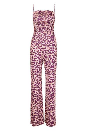 Ruched Body Wide Leg Leopard Jumpsuit | Boohoo pink
