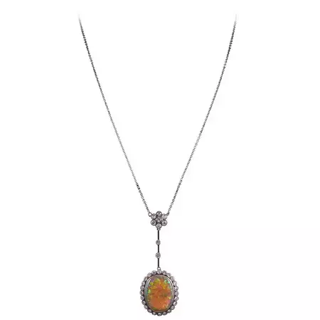 Edwardian Opal Diamond Gold Platinum Drop Necklace For Sale at 1stDibs