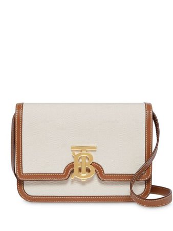BURBERRY Small Two-tone Canvas and Leather TB Bag