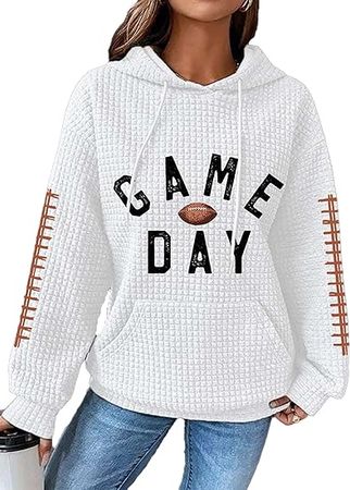 QJMWYBELBQ Waffle Knit Hoodie Women's Game Day Sweatshirt Football Graphic Long Sleeve Sweater Football Season Pullover at Amazon Women’s Clothing store
