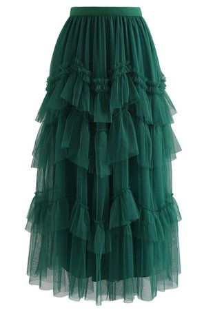 Exquisite Tiered Ruffle Mesh Tulle Skirt in Green - Retro, Indie and Unique Fashion