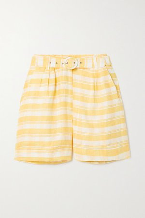 Les Deux Belted Checked Linen Shorts - Yellow