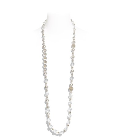 Long Necklace, metal, glass pearls, imitation pearls & diamanté, gold, pearly white, crystal & transparent - CHANEL