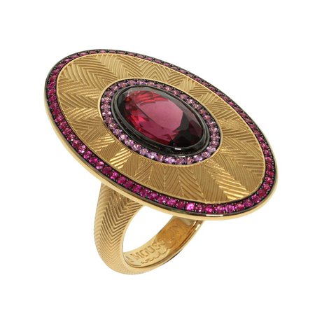 Mousson Atelier Ruby Pink Sapphire Rhodolite Garnet 18 Karat Yellow Gold Classical Ring
