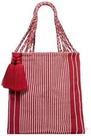 Net Sustain Bianca Tasseled Striped Crocheted Cotton-blend Tote - Red