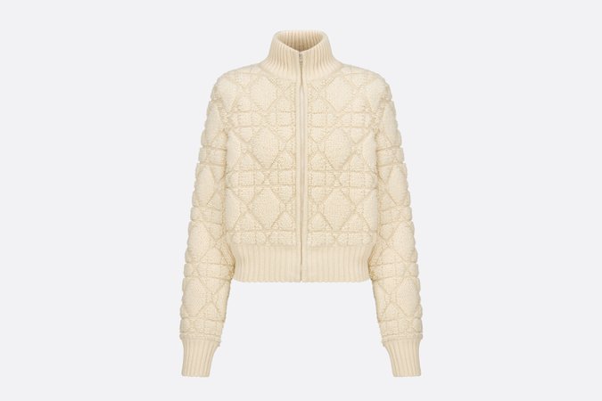 Macrocannage Zipped Cardigan White Technical Wool and Cashmere Knit | DIOR