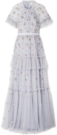 Lustre Tiered Embellished Tulle Gown - Light blue