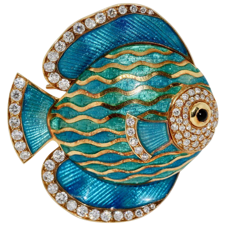 Enamel Brooch, Pendant, as Exotic Ornamental Fish, 18 Karat Gold and Diamonds