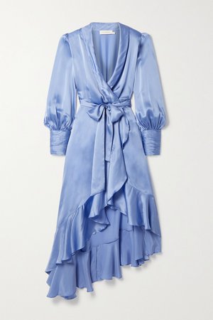 Light blue Asymmetric ruffled silk-satin wrap midi dress | Zimmermann | NET-A-PORTER