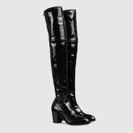 Black patent leather over-the-knee boot