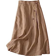 CHARTOU Women's Summer Linen Elastic Back Buttoned Swing Midi A Line Skirt (Medium,Khaki) at Amazon Women’s Clothing store