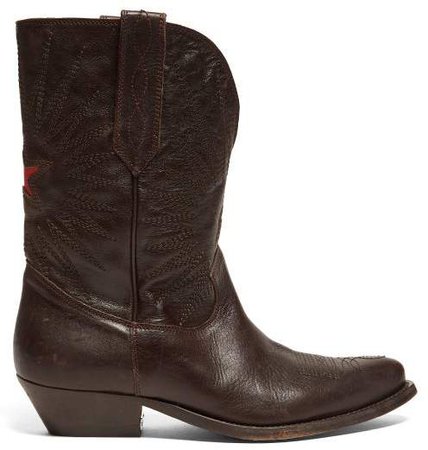 Wish Star Embroidered Leather Boots - Womens - Dark Brown