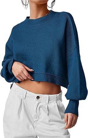 PRETTYGARDEN Women's Fall Cropped Striped Sweaters Casual Long Sleeve Crewneck Pullover Oversized Winter Tops Jumper at Amazon Women’s Clothing store