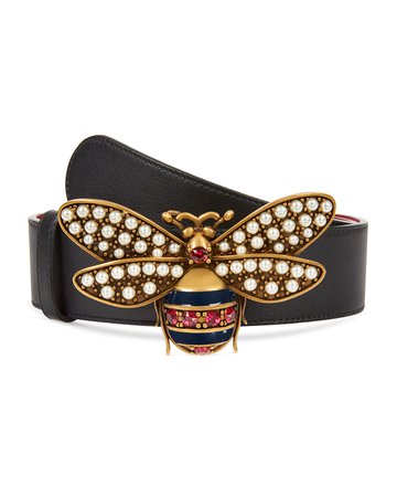 Gucci Queen Margaret Leather Bee Belt | Neiman Marcus