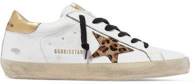 Superstar Distressed Leather And Leopard-print Calf Hair Sneakers - White