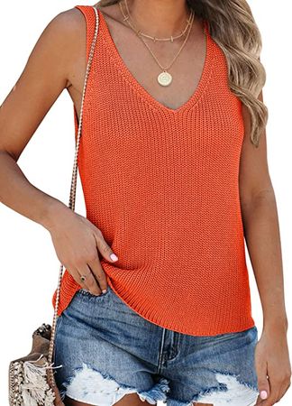 Tutorutor Womens Summer Sleeveless V Neck Sweater Vest Fall Knitted Loose Cami Tank Tops Orange at Amazon Women’s Clothing store