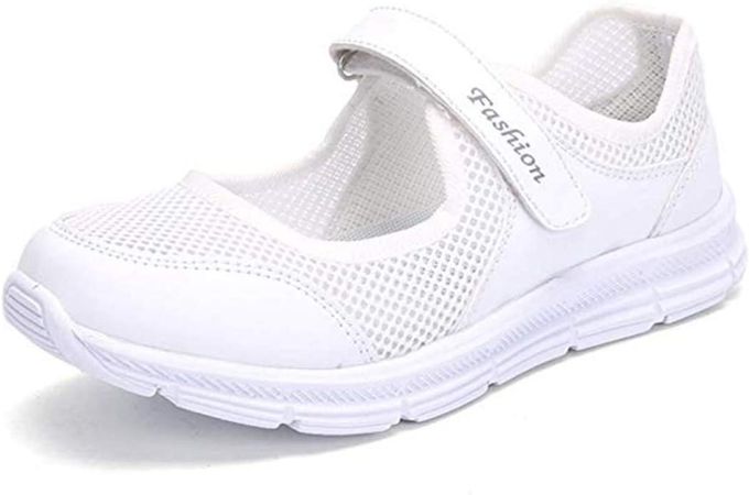 Amazon.com | SAGUARO Women's Breathable Walking Shoes Lady Fashion Mary Jane Sneakers Adjustable Working Nurse Shoes Lightweight Flat Shoe, White | Walking