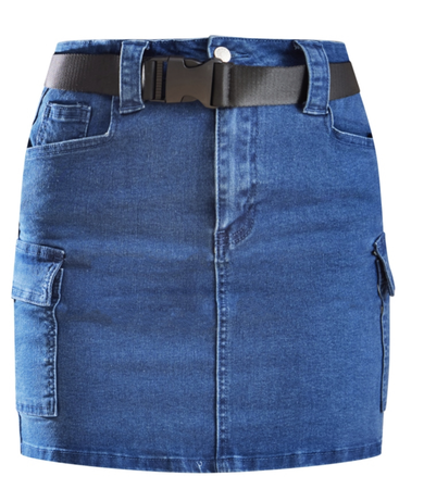 PLT- mid blue wash utility belted cargo denim mini skirt