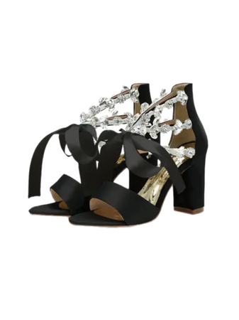 black Women's Wedding Shoes Satin High Heel Open Toe Wedding Sandals Bridal Shoes Crystal Ribbon Tie Elegant