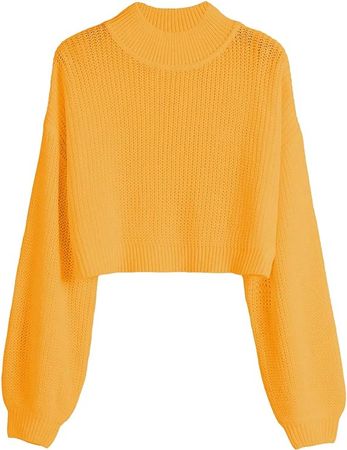 SweatyRocks Women's Long Sleeve Mock Neck Cropped Sweater Drop Shoulder Pullover Sweater Lantern Sleeve Ribbed Knit Crop Top Yellow Medium at Amazon Women’s Clothing store