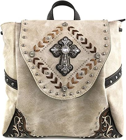 Justin West Trendy Western Cross Rhinestone Leather Conceal Carry Top Handle Square Backpack Purse (Beige Backpack)