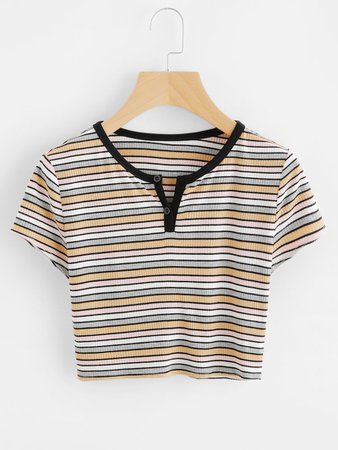 Striped Ribbed Crop Henley Tee | ROMWE
