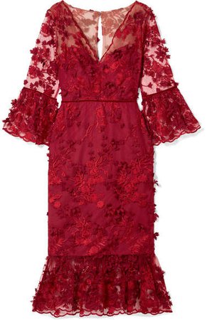 Velvet-trimmed Appliquéd Tulle Midi Dress - Red