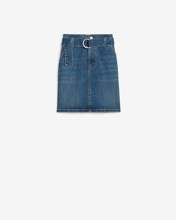 Super High Waisted Belted Straight Jean Skirt