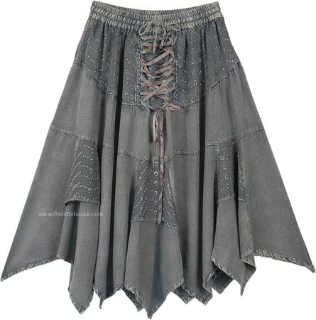 Steel Gray Western Mid Length Handkerchief Hem Skirt | Grey | Stonewash, Patchwork, Lace, Handkerchief, Tiered-Skirt, Vacation, Gift, Dance, Stonewash, Halloween,Western-Skirts